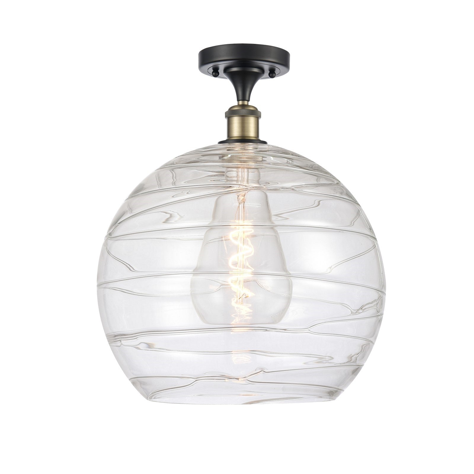 Innovations Athens Deco Swirl 14in 1-Light Semi-Flush Mount | Industrial Black Antique Brass Steel and Clear Deco Swirl | Model 616-1F-BAB-G1213-14CL