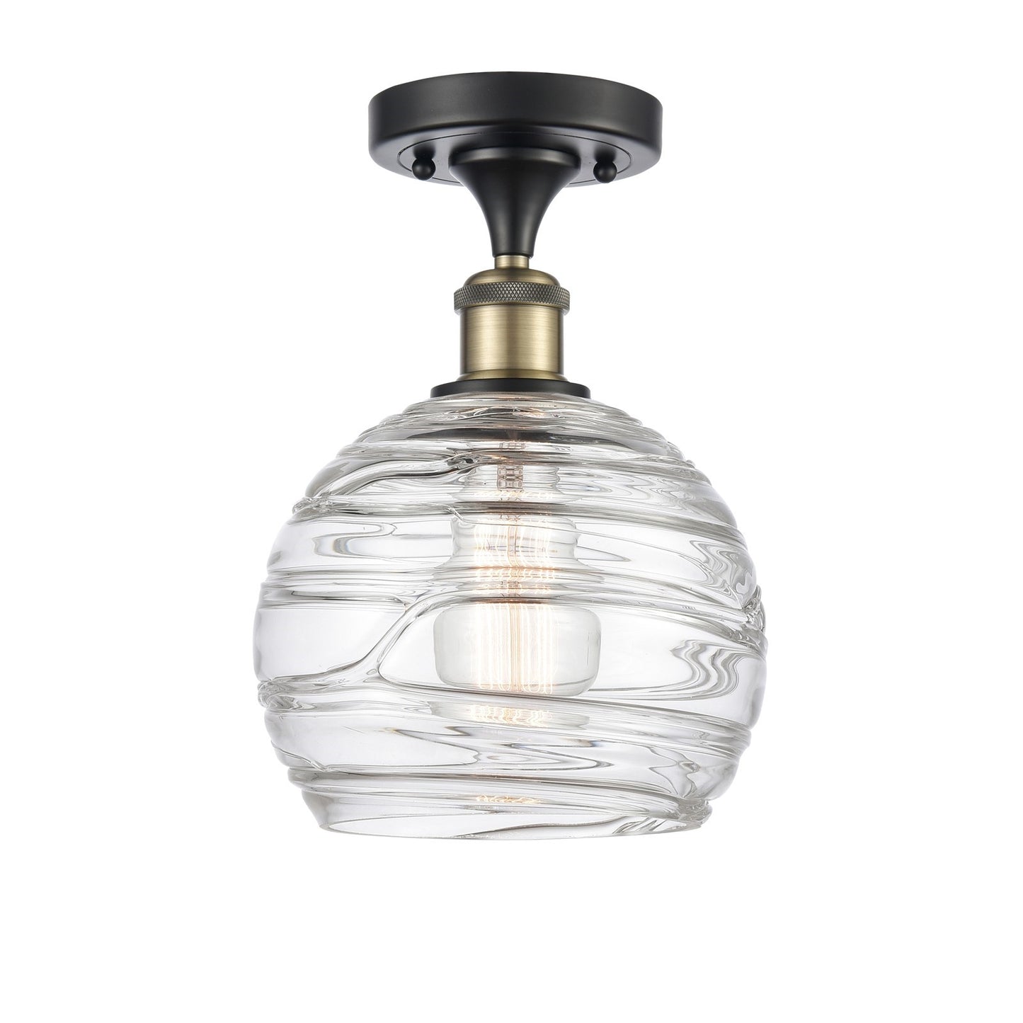 Innovations Athens Deco Swirl 8in 1-Light Semi-Flush Mount | Industrial Black Antique Brass and Clear Deco Swirl Glass | Model 616-1F-BAB-G1213-8CL