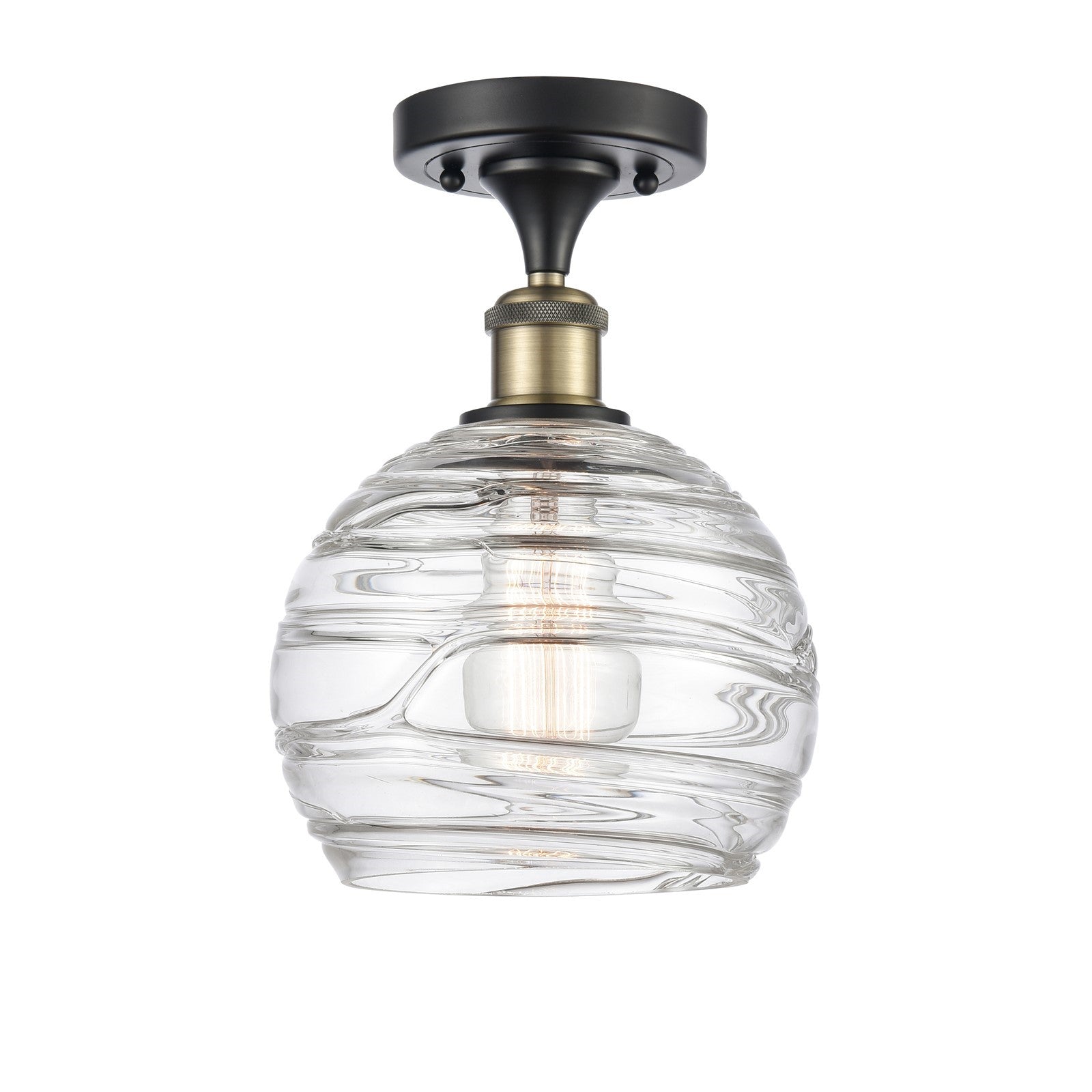 Innovations Athens Deco Swirl 8in 1-Light Semi-Flush Mount | Industrial Black Antique Brass and Clear Deco Swirl Glass | Model 616-1F-BAB-G1213-8CL