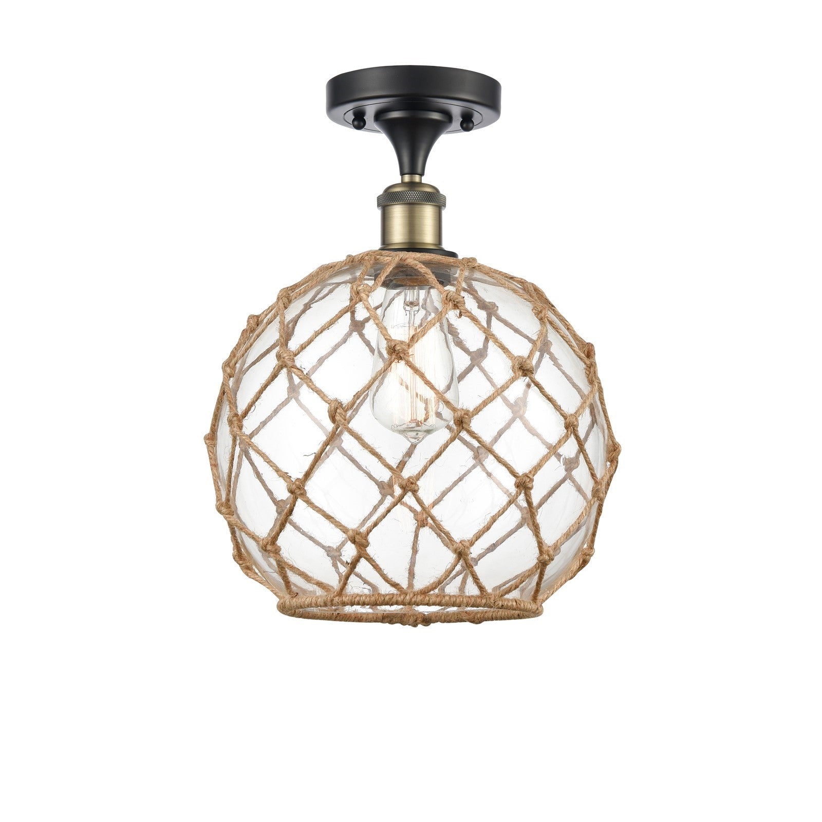 Innovations Farmhouse Rope 10in 1-Light Semi-Flush Mount | Industrial Black Antique Brass Steel and Clear Glass with Brown | Model 616-1F-BAB-G122-10RB