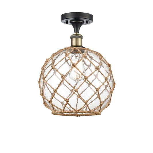 Innovations Farmhouse Rope 10in 1-Light Semi-Flush Mount | Industrial Black Antique Brass Steel and Clear Glass with Brown | Model 616-1F-BAB-G122-10RB