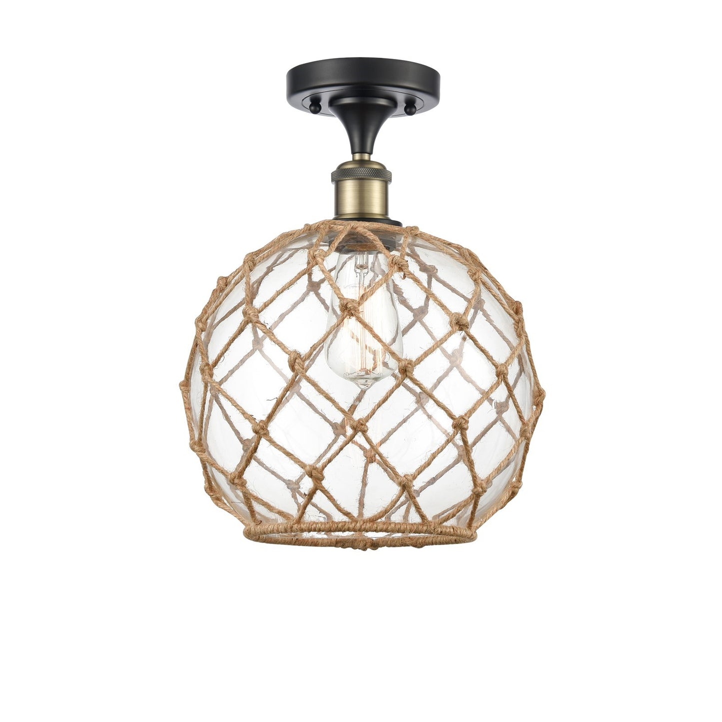 Innovations Farmhouse Rope 10in 1-Light Semi-Flush Mount | Industrial Black Antique Brass Steel and Clear Glass with Brown | Model 616-1F-BAB-G122-10RB