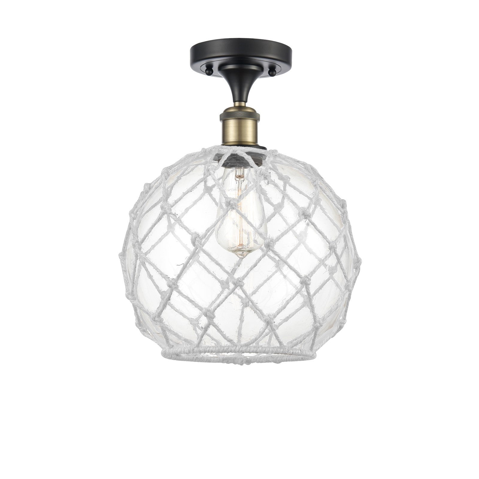 Innovations Farmhouse Rope 10in 1-Light Semi-Flush Mount | Industrial Black Antique Brass Steel and Clear Glass with White | Model 616-1F-BAB-G122-10RW