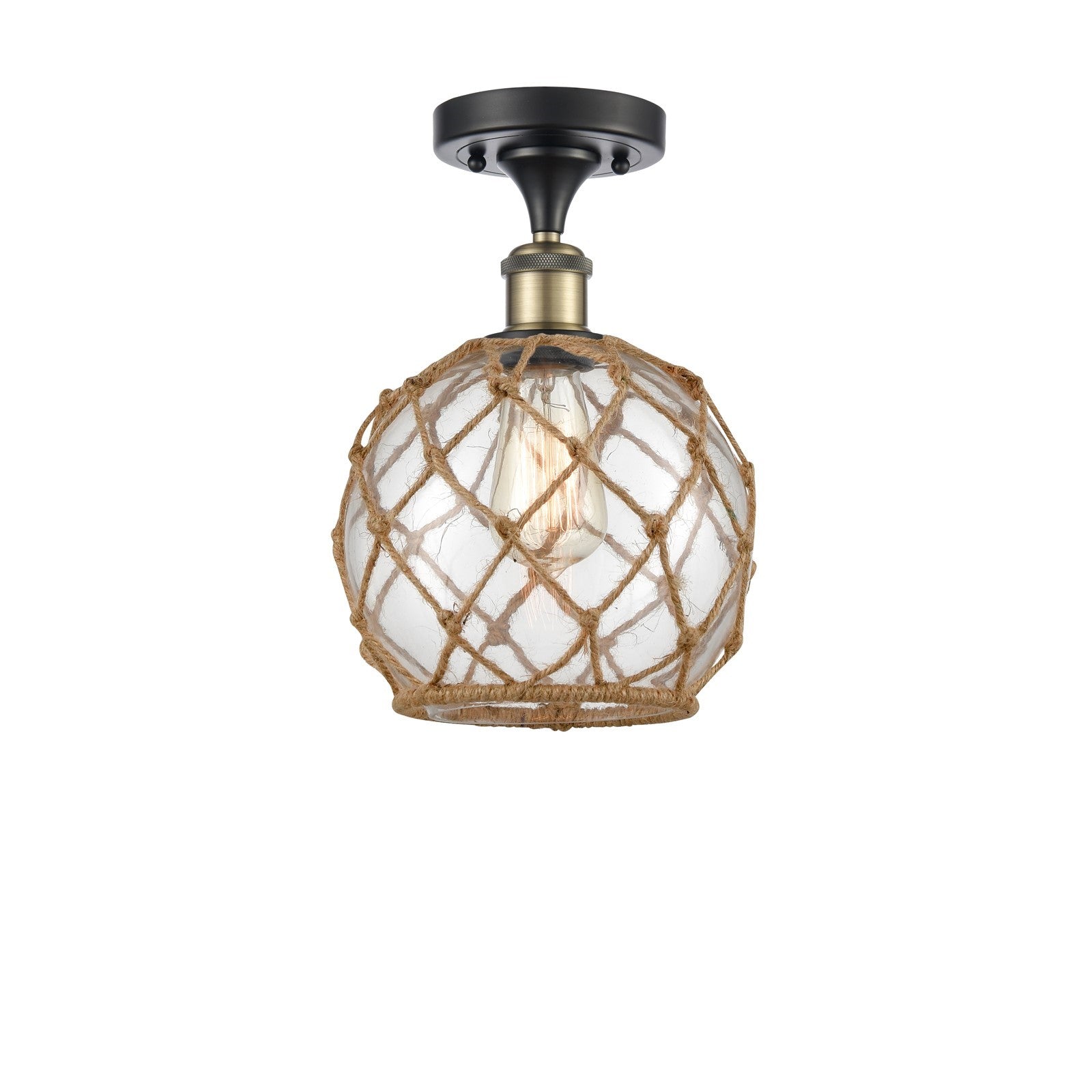 Innovations Farmhouse Rope 8in 1-Light Semi-Flush Mount | Industrial Black Antique Brass Steel and Clear Glass with Brown Rope | Model 616-1F-BAB-G122-8RB