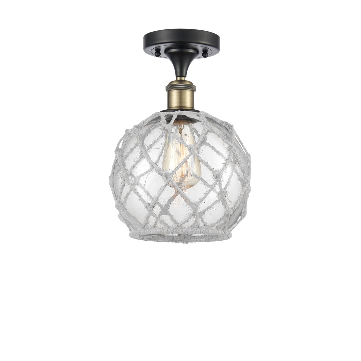 Innovations Farmhouse Rope 8in 1-Light Semi-Flush Mount | Industrial Black Antique Brass Steel and Clear Glass with White Rope | Model 616-1F-BAB-G122-8RW