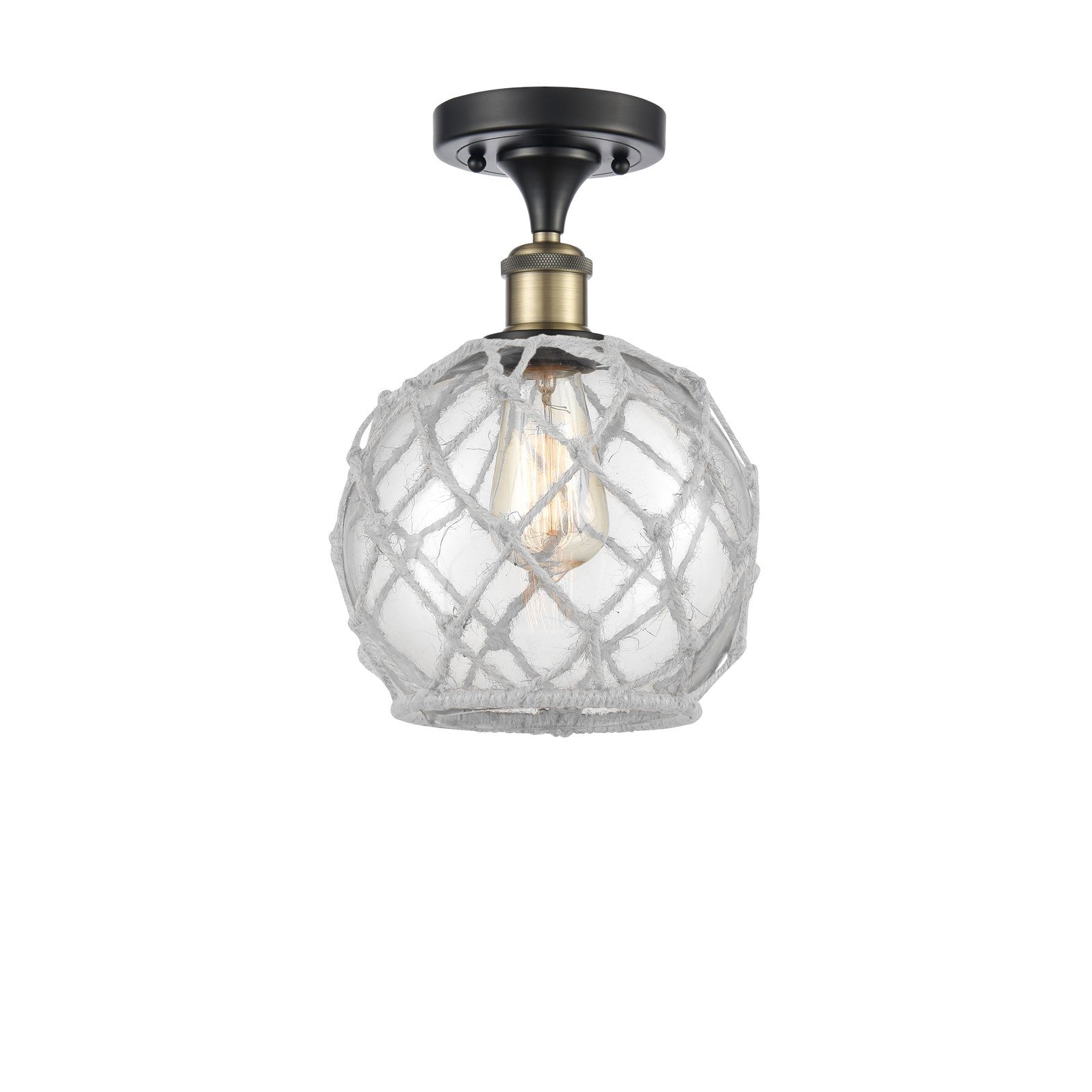 Innovations Farmhouse Rope 8in 1-Light Semi-Flush Mount | Industrial Black Antique Brass Steel and Clear Glass with White Rope | Model 616-1F-BAB-G122-8RW
