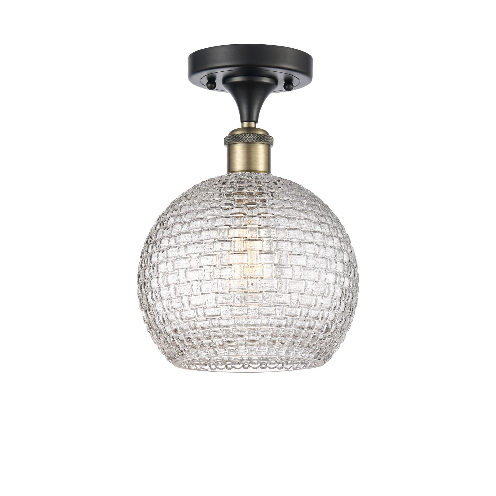 Innovations Athens 8in 1-Light Semi-Flush Mount | Modern Farmhouse Black Antique Brass and Clear Basket Weave Glass | Hallway | Model 616-1F-BAB-G122C-8CL