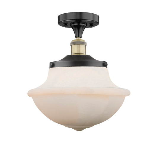 Innovations Oxford 12in 1-Light Semi-Flush Mount | Industrial Black Antique Brass and Matte White Frosted Glass | Damp Rated | Model 616-1F-BAB-G541