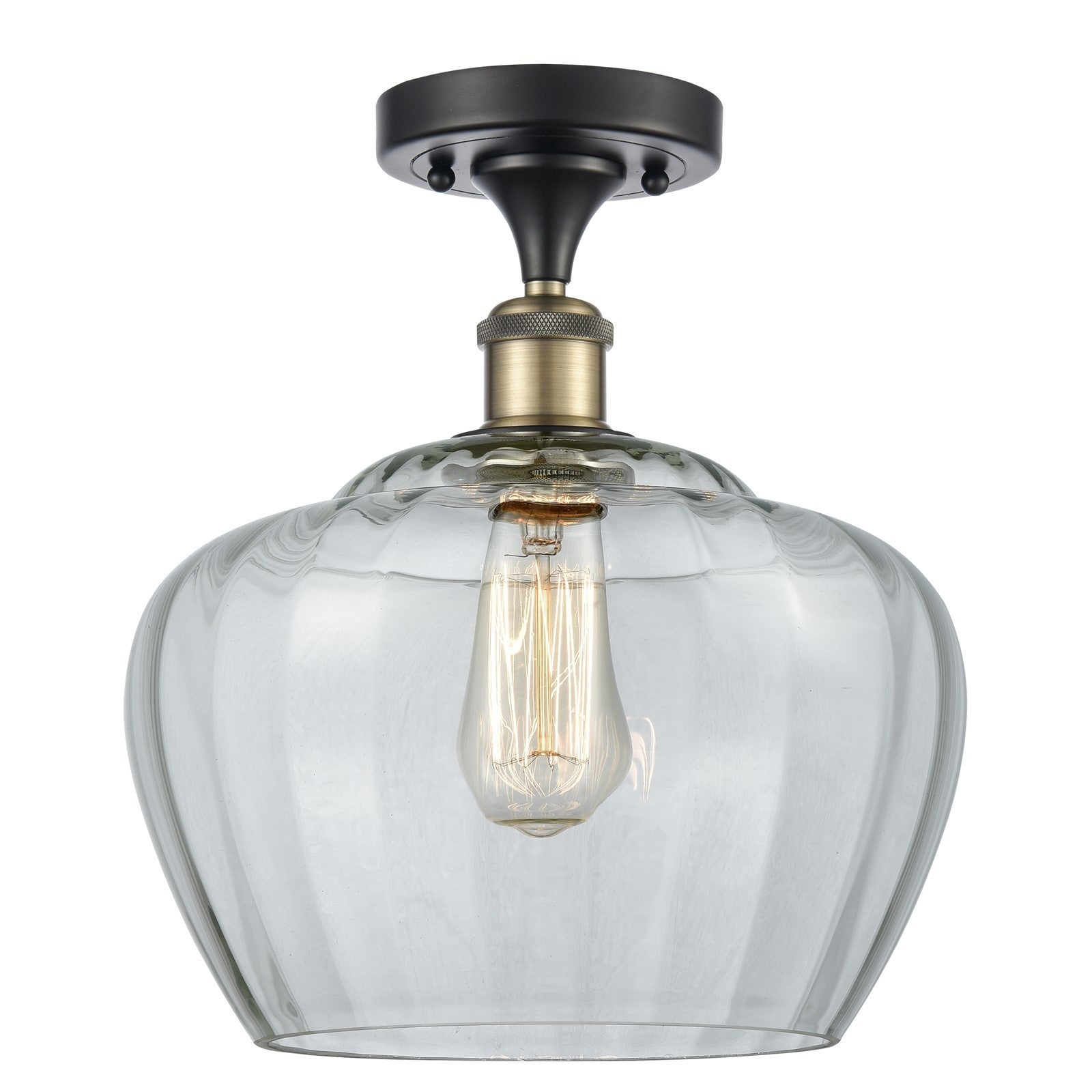 Innovations Fenton 11in 1-Light Semi-Flush Mount | Industrial Black Antique Brass and Clear Ribbed Glass | Damp-Rated Hallway & | Model 616-1F-BAB-G92-L