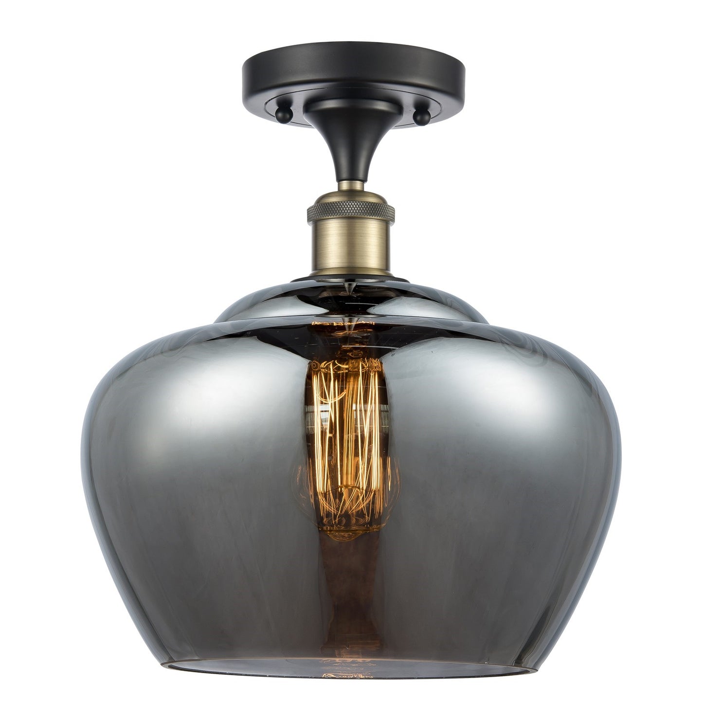 Innovations Fenton 11in 1-Light Semi-Flush Mount | Industrial Black Antique Brass Steel and Light Smoke Ribbed Glass | Kitchen & | Model 616-1F-BAB-G93-L