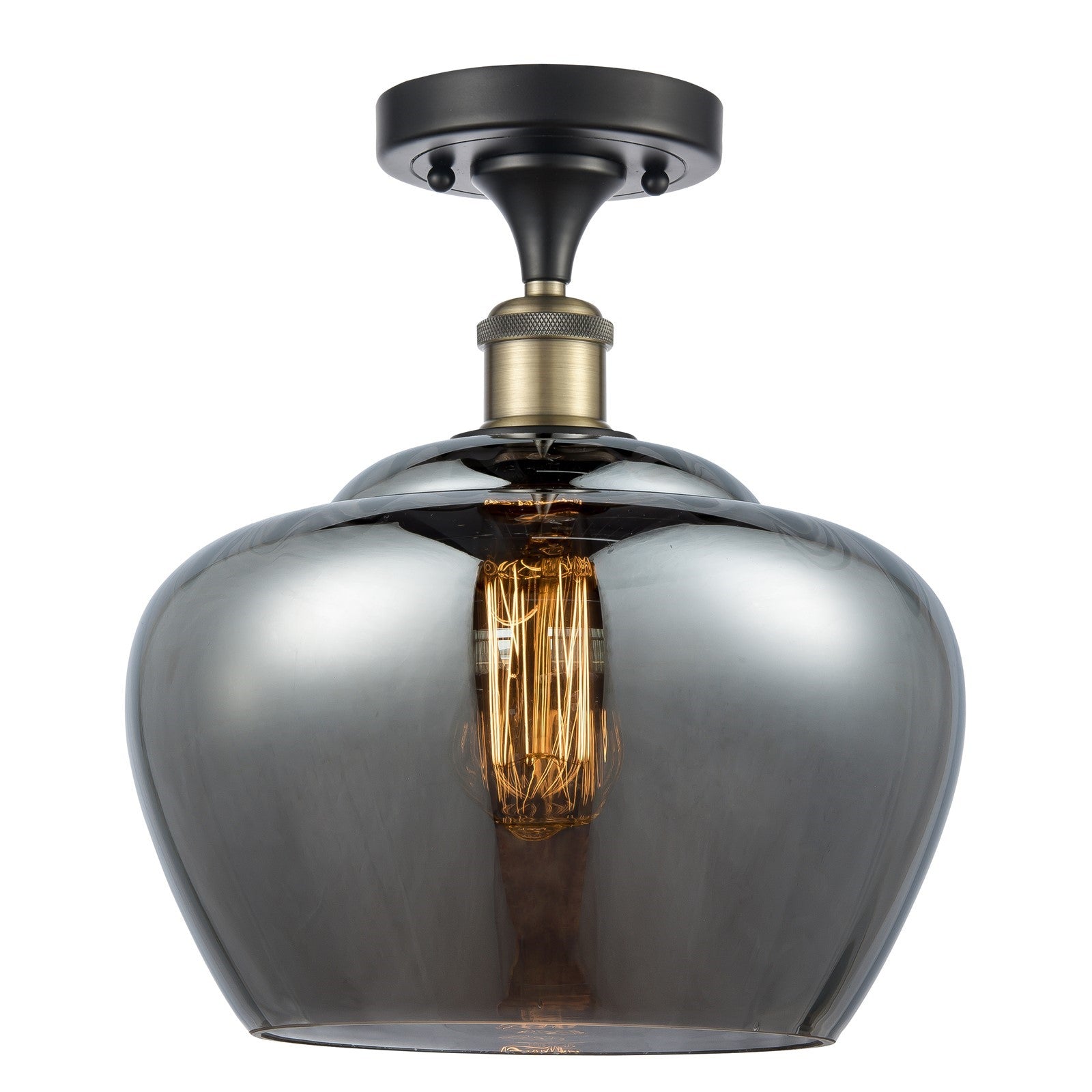 Innovations Fenton 11in 1-Light Semi-Flush Mount | Industrial Black Antique Brass Steel and Light Smoke Ribbed Glass | Kitchen & | Model 616-1F-BAB-G93-L