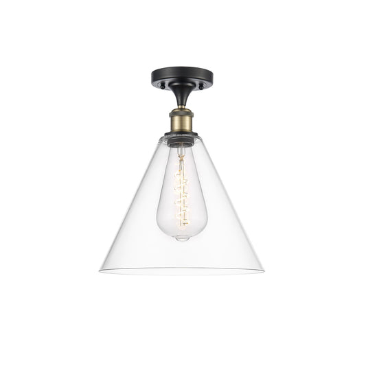 Innovations Berkshire 12in 1-Light Semi-Flush Mount | Industrial Black Antique Brass and Clear Glass | Damp Rated Entryway & | Model 616-1F-BAB-GBC-122