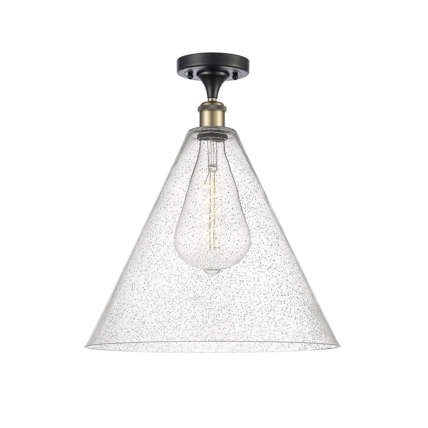 Innovations Berkshire Glass 16in 1-Light Semi-Flush Mount | Industrial Black Antique Brass and Seedy Glass Cone Shade | Model 616-1F-BAB-GBC-164