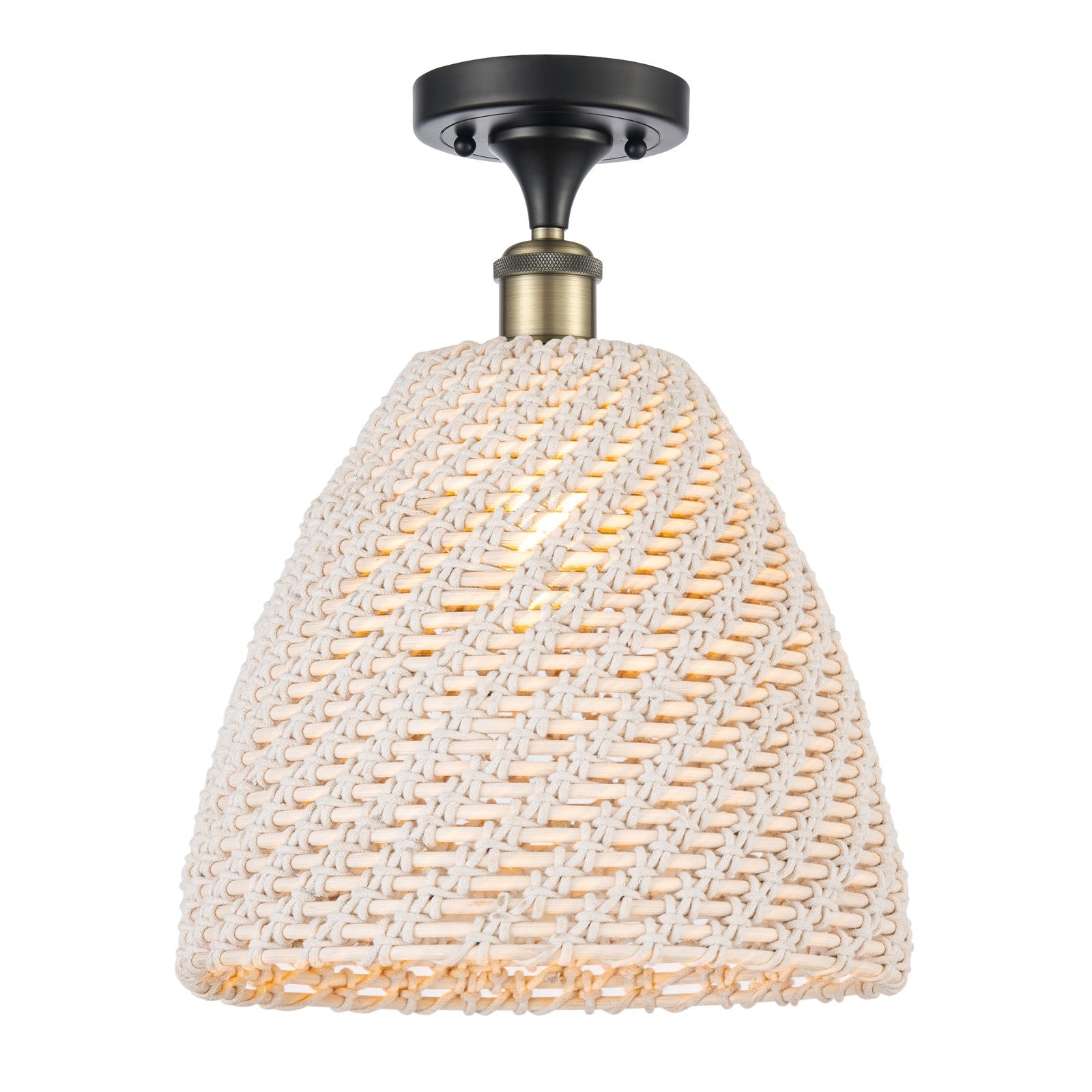 Innovations Bristol Natural 12in 1-Light Semi-Flush Mount | Farmhouse Black Antique Brass Steel and Natural Fiber Dome Shade | Model 616-1F-BAB-NBD-12-NAT