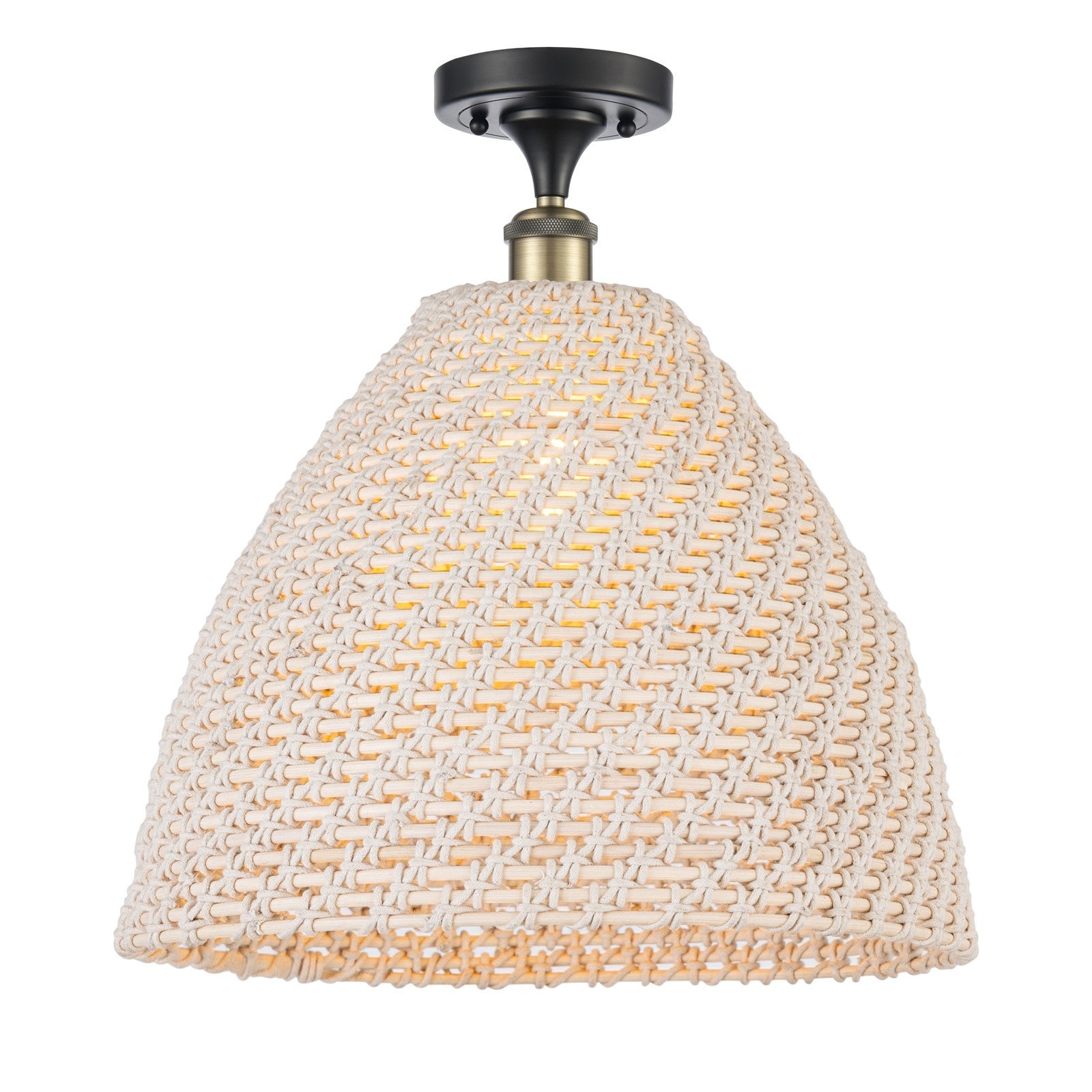 Innovations Bristol Natural 16in 1-Light Semi-Flush Mount | Farmhouse Black Antique Brass Steel and Natural Fiber Dome Shade | Model 616-1F-BAB-NBD-16-NAT