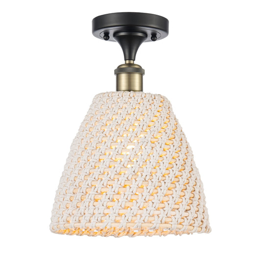 Innovations Bristol Natural 9in 1-Light Semi-Flush Mount | Industrial Black Antique Brass Steel and Natural Fiber Dome Shade | Model 616-1F-BAB-NBD-9-NAT