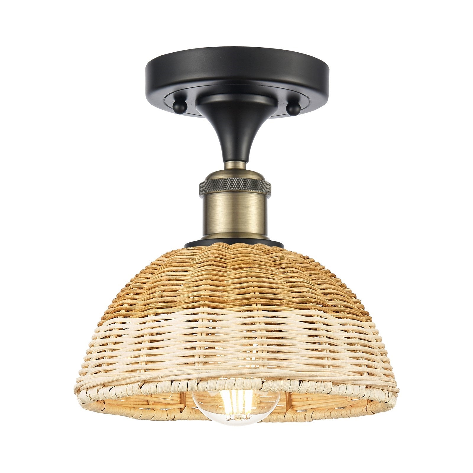 Innovations Bristol Natural II 8in 1-Light Semi-Flush Mount | Industrial Black Antique Brass and Natural Fiber Dome Shade | Model 616-1F-BAB-NBD2-75-NAT