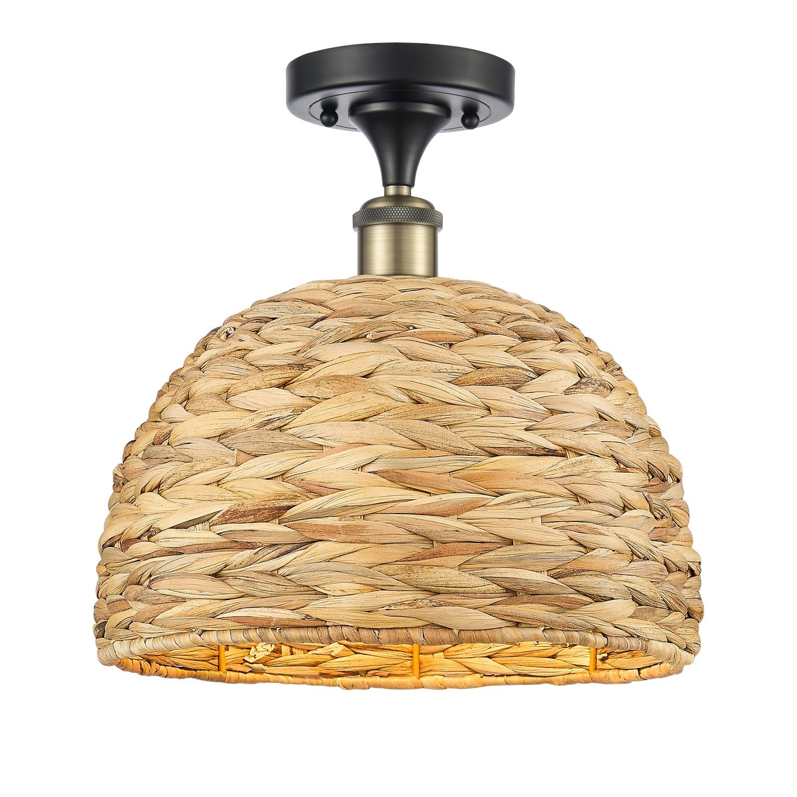 Innovations Woven Rattan 12in 1-Light Semi-Flush Mount | Industrial Black Antique Brass Steel and Natural Fiber Dome Shade | Model 616-1F-BAB-RBD-12-NAT