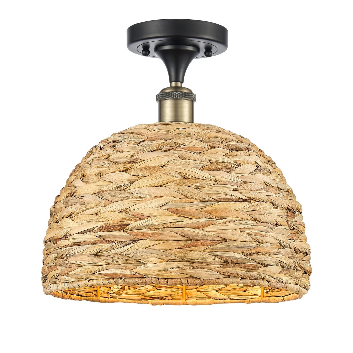 Innovations Woven Rattan 12in 1-Light Semi-Flush Mount | Industrial Black Antique Brass Steel and Natural Fiber Dome Shade | Model 616-1F-BAB-RBD-12-NAT