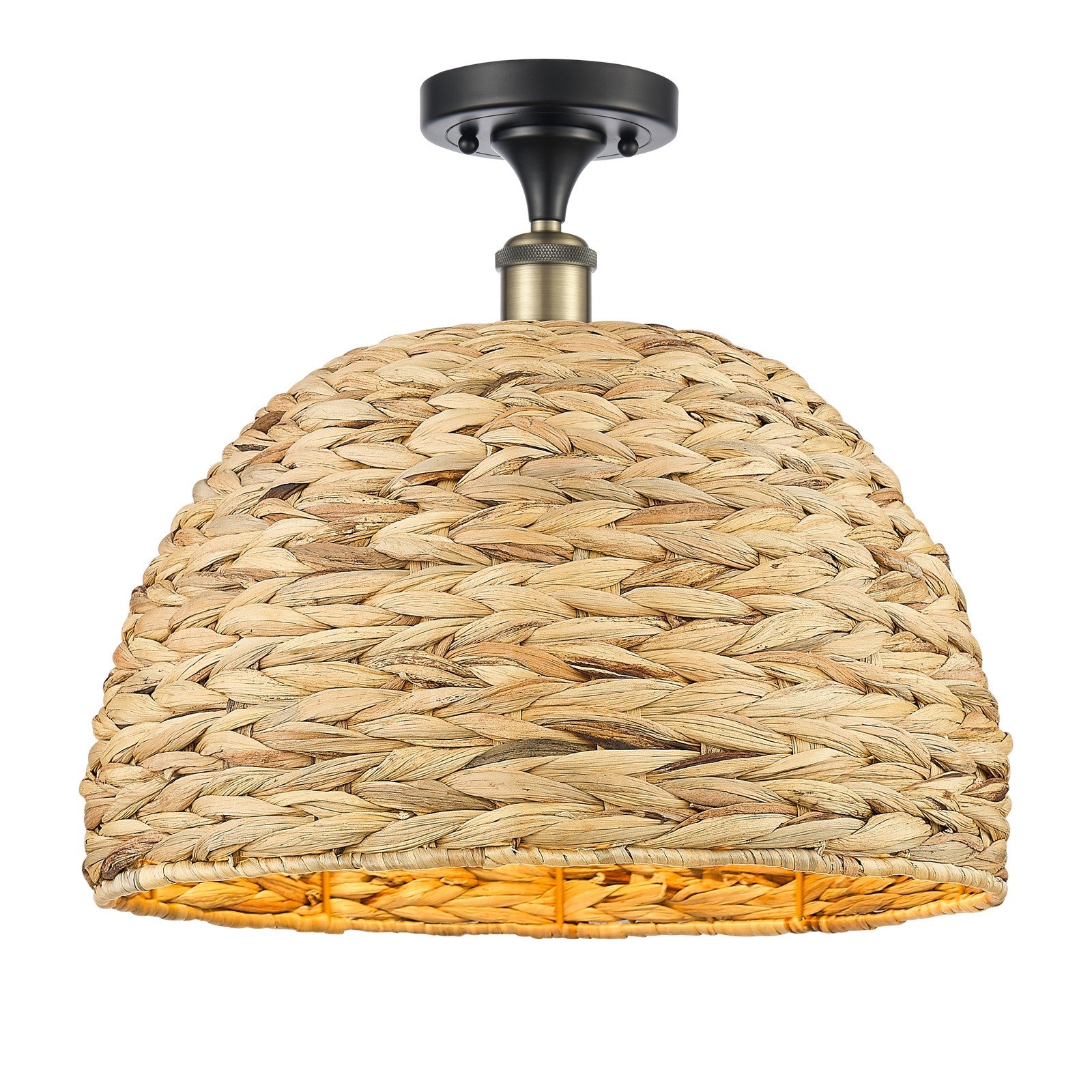 Innovations Woven Rattan 16in 1-Light Semi-Flush Mount | Industrial Black Antique Brass and Natural Rattan | Damp Rated | Model 616-1F-BAB-RBD-16-NAT