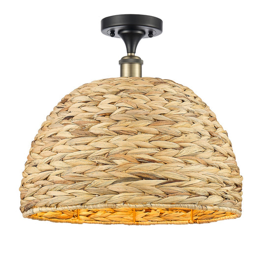Innovations Woven Rattan 16in 1-Light Semi-Flush Mount | Industrial Black Antique Brass and Natural Rattan | Damp Rated | Model 616-1F-BAB-RBD-16-NAT