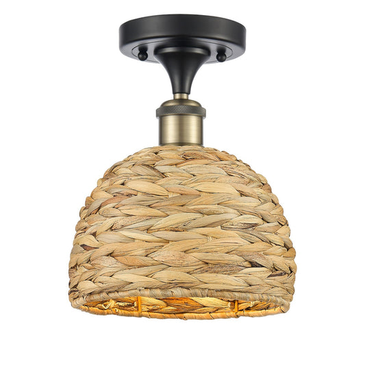 Innovations Woven Rattan 8in 1-Light Semi-Flush Mount | Rustic Black Antique Brass and Natural Woven Rattan | Entryway & | Model 616-1F-BAB-RBD-8-NAT