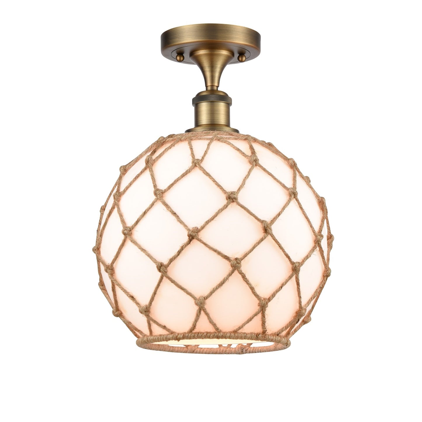 Innovations Farmhouse Rope 10in 1-Light Semi-Flush Mount | Industrial Brushed Brass Steel and Matte White Glass with Brown | Model 616-1F-BB-G121-10RB