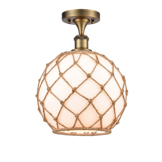 Innovations Farmhouse Rope 10in 1-Light Semi-Flush Mount | Industrial Brushed Brass Steel and Matte White Glass with Brown | Model 616-1F-BB-G121-10RB