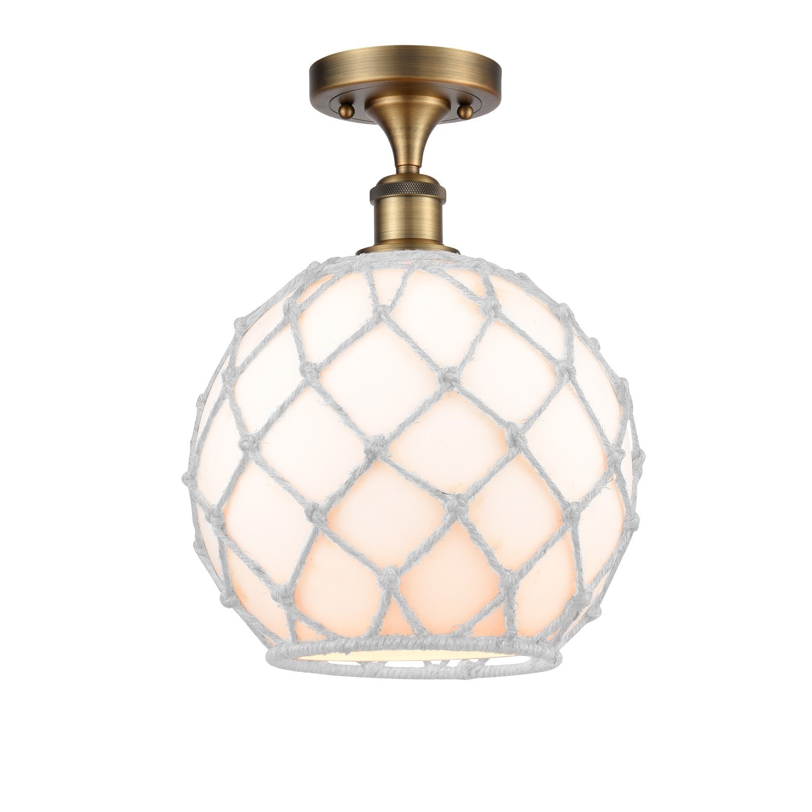 Innovations Farmhouse Rope 10in 1-Light Semi-Flush Mount | Industrial Brushed Brass Steel and White Glass with White Rope | Model 616-1F-BB-G121-10RW