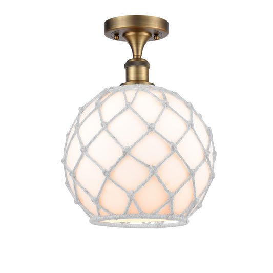 Innovations Farmhouse Rope 10in 1-Light Semi-Flush Mount | Industrial Brushed Brass Steel and White Glass with White Rope | Model 616-1F-BB-G121-10RW