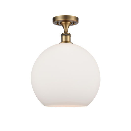 Innovations Athens 12in 1-Light Semi-Flush Mount | Industrial Brushed Brass Steel and Matte White Glass | Entryway & Hallway | Model 616-1F-BB-G121-12