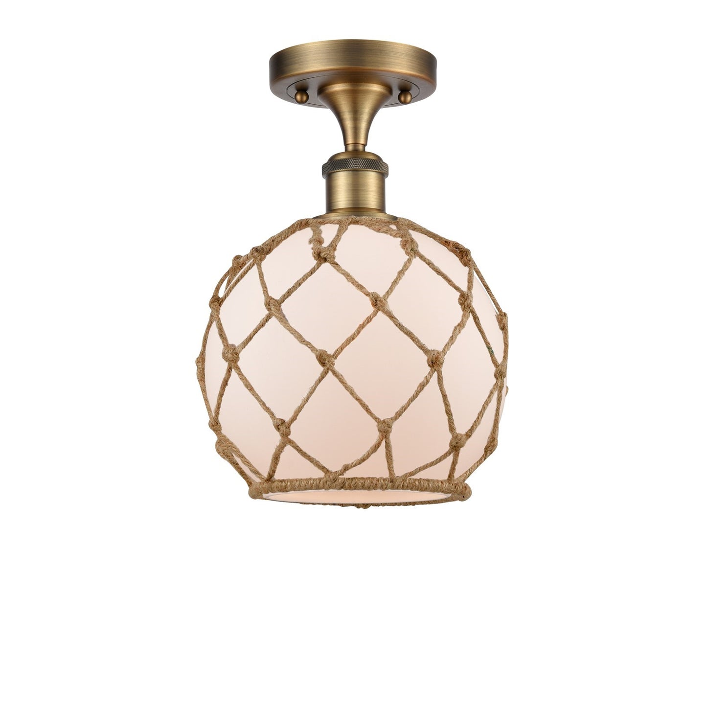 Innovations Farmhouse Rope 8in 1-Light Semi-Flush Mount | Industrial Brushed Brass Steel and White Frosted Glass with Brown | Model 616-1F-BB-G121-8RB