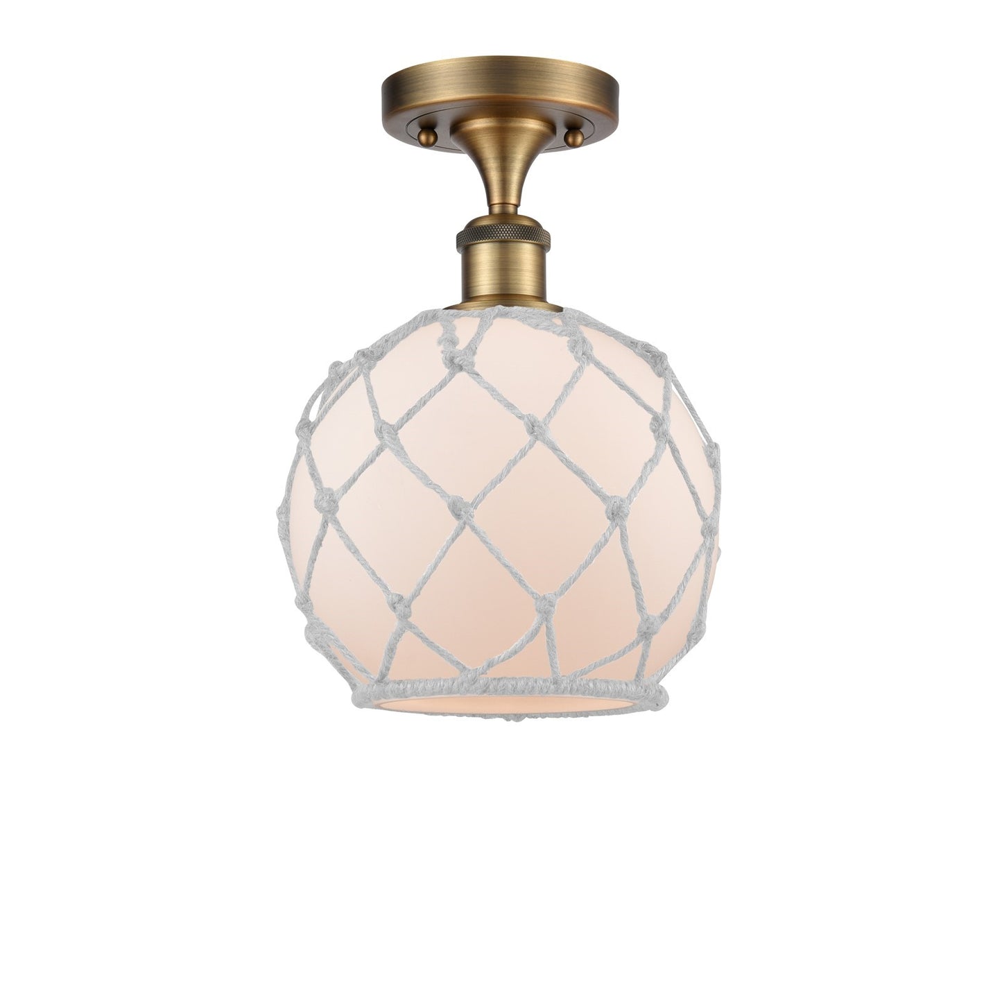 Innovations Farmhouse Rope 8in 1-Light Semi-Flush Mount | Industrial Farmhouse Brushed Brass Steel and White Frosted Glass with | Model 616-1F-BB-G121-8RW