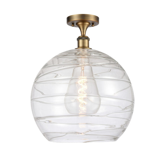 Innovations Athens Deco Swirl 14in 1-Light Semi-Flush Mount | Industrial Brushed Brass Steel and Clear Deco Swirl Glass | Model 616-1F-BB-G1213-14CL