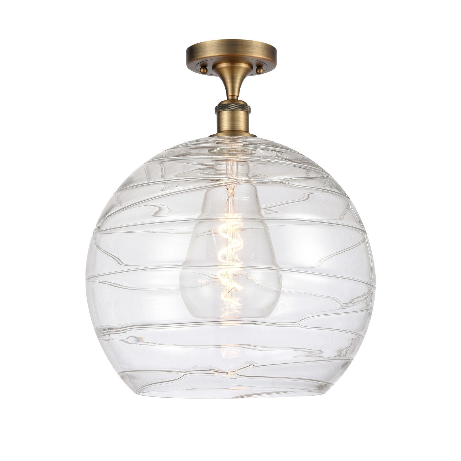 Innovations Athens Deco Swirl 14in 1-Light Semi-Flush Mount | Industrial Brushed Brass Steel and Clear Deco Swirl Glass | Model 616-1F-BB-G1213-14CL