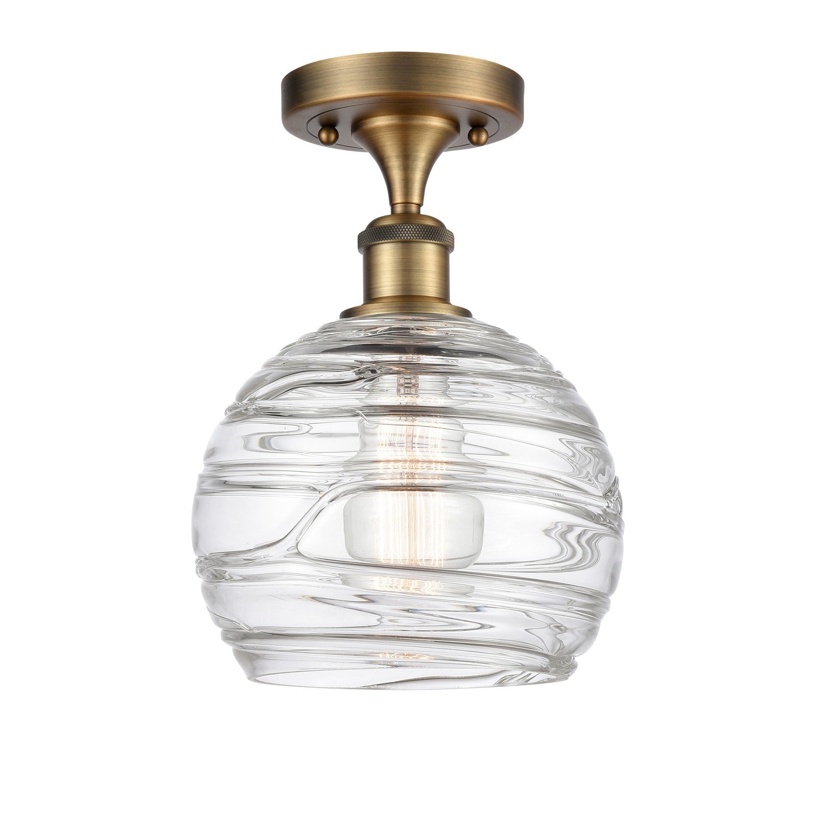 Innovations Athens Deco Swirl 8in 1-Light Semi-Flush Mount | Industrial Brushed Brass and Clear Deco Swirl Glass | Entryway & | Model 616-1F-BB-G1213-8CL