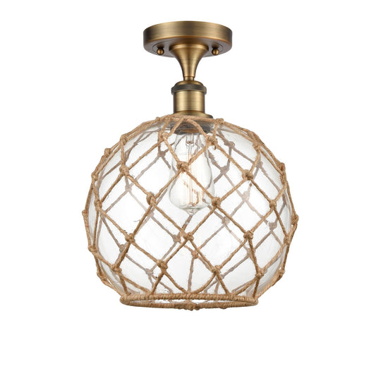 Innovations Farmhouse Rope 10in 1-Light Semi-Flush Mount | Industrial Brushed Brass Steel and Clear Glass with Brown Rope | Model 616-1F-BB-G122-10RB