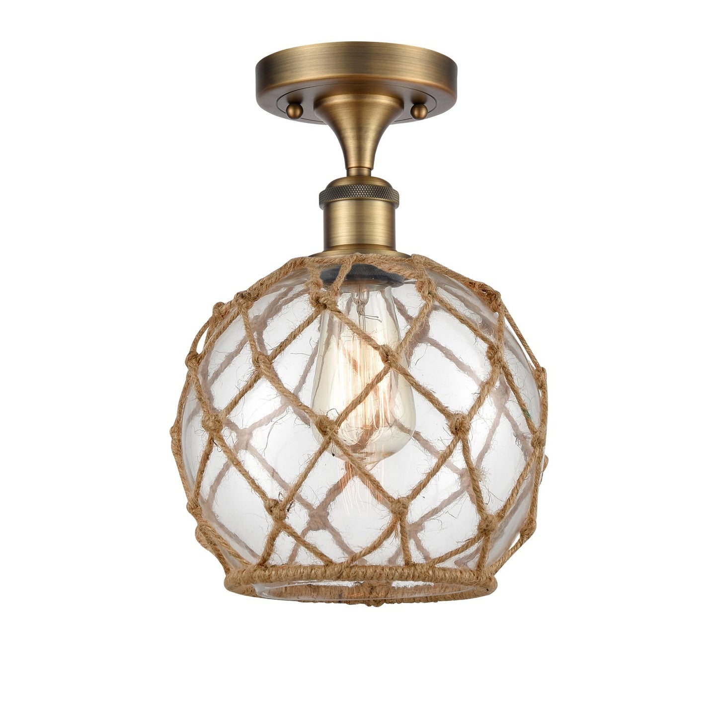 Innovations Farmhouse Rope 8in 1-Light Semi-Flush Mount | Industrial Brushed Brass Steel and Clear Glass with Brown Rope | Model 616-1F-BB-G122-8RB