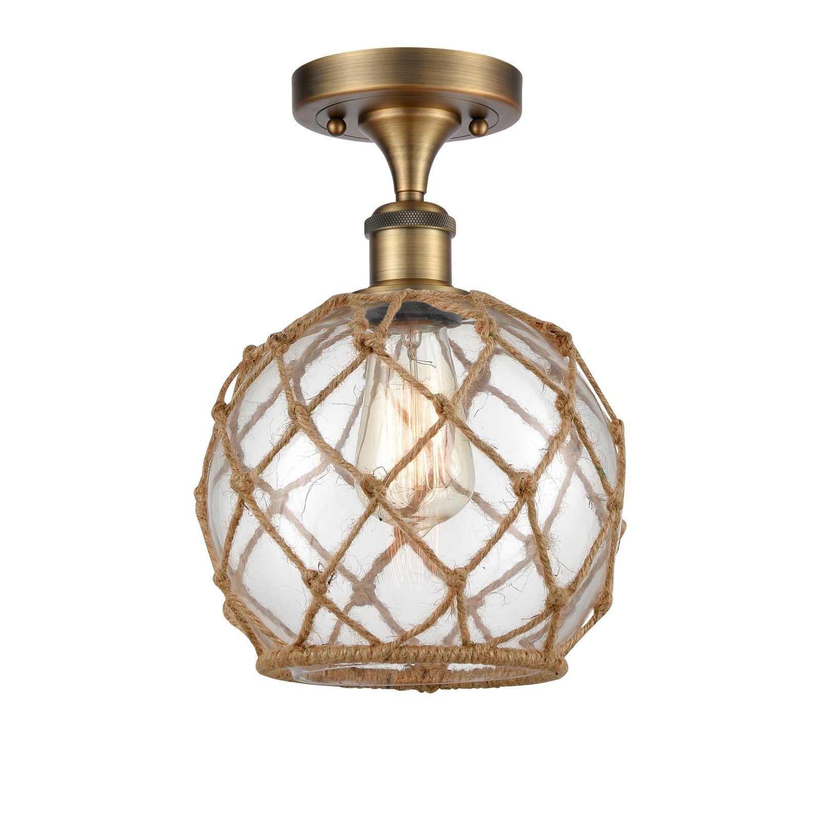 Innovations Farmhouse Rope 8in 1-Light Semi-Flush Mount | Industrial Brushed Brass Steel and Clear Glass with Brown Rope | Model 616-1F-BB-G122-8RB