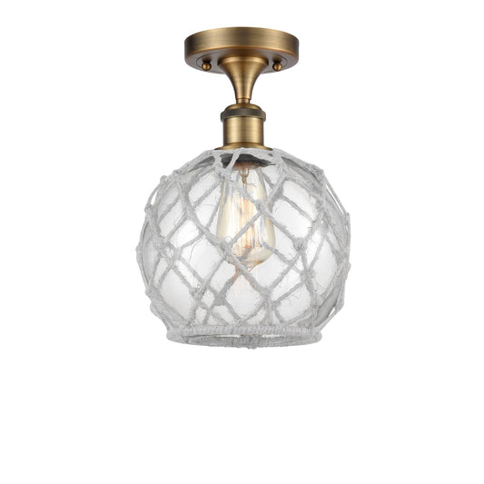 Innovations Farmhouse Rope 8in 1-Light Semi-Flush Mount | Industrial Brushed Brass Steel and Clear Glass with White Rope | Model 616-1F-BB-G122-8RW