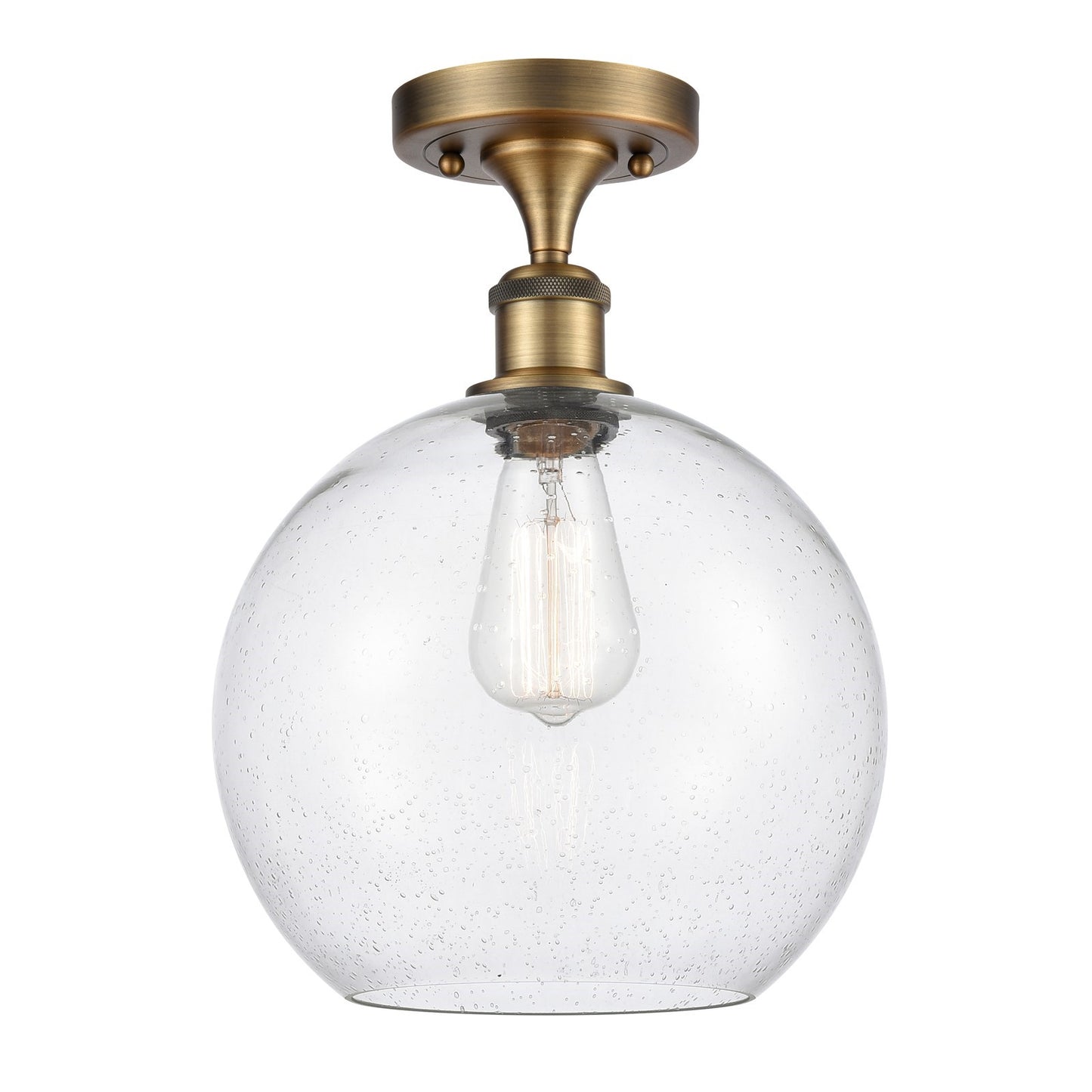 Innovations Athens 10in 1-Light Semi-Flush Mount | Industrial Brushed Brass Steel and Seedy Glass Globe | Entryway & Hallway | Model 616-1F-BB-G124-10