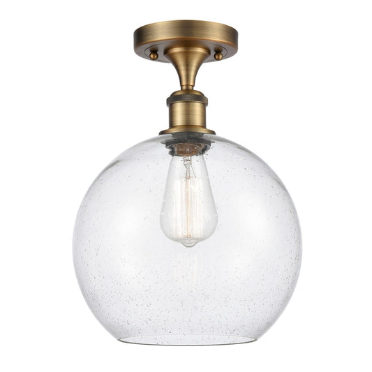 Innovations Athens 10in 1-Light Semi-Flush Mount | Industrial Brushed Brass Steel and Seedy Glass Globe | Entryway & Hallway | Model 616-1F-BB-G124-10