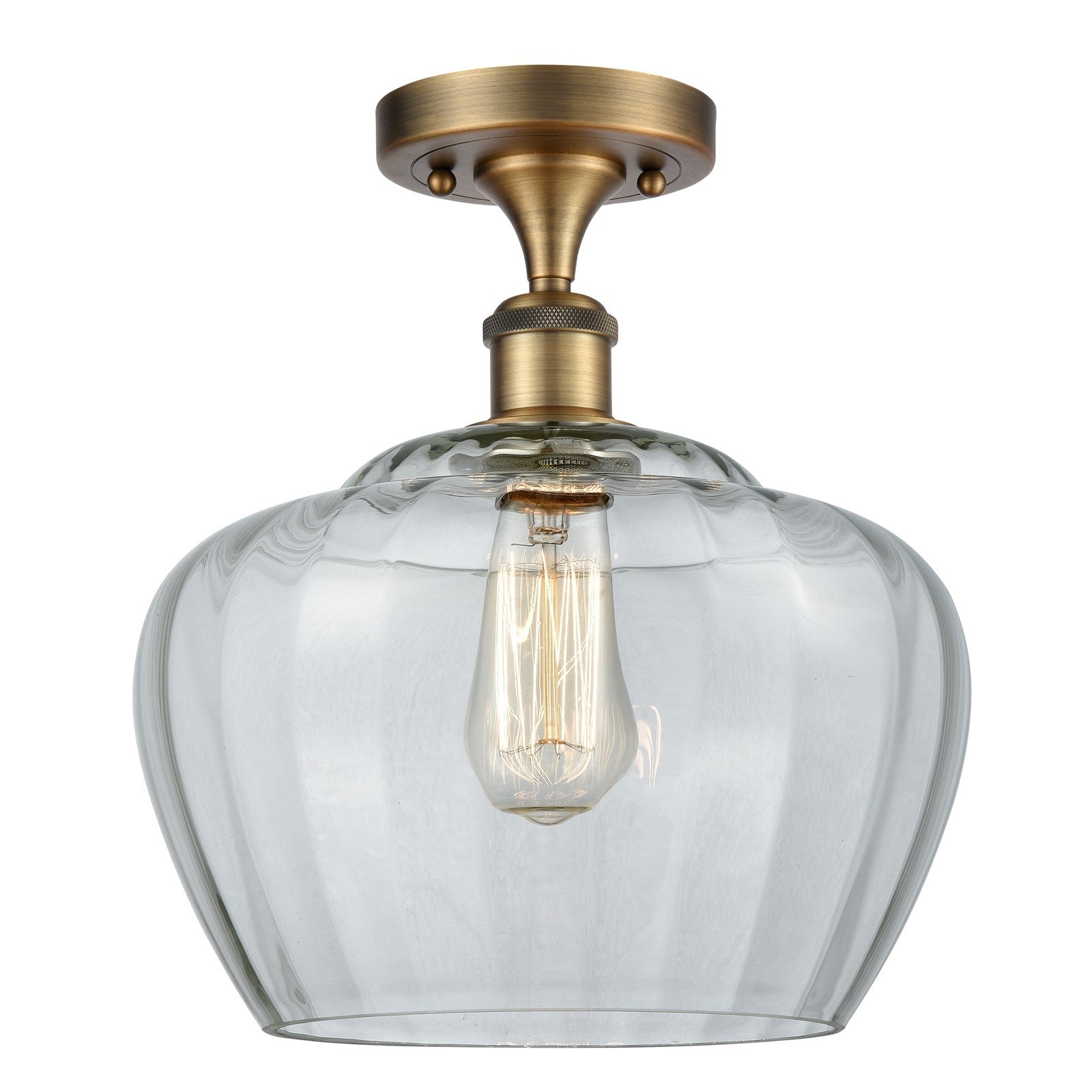 Innovations Fenton 11in 1-Light Semi-Flush Mount | Industrial Brushed Brass Steel and Clear Ribbed Glass | Entryway & Hallway | 11 | Model 616-1F-BB-G92-L