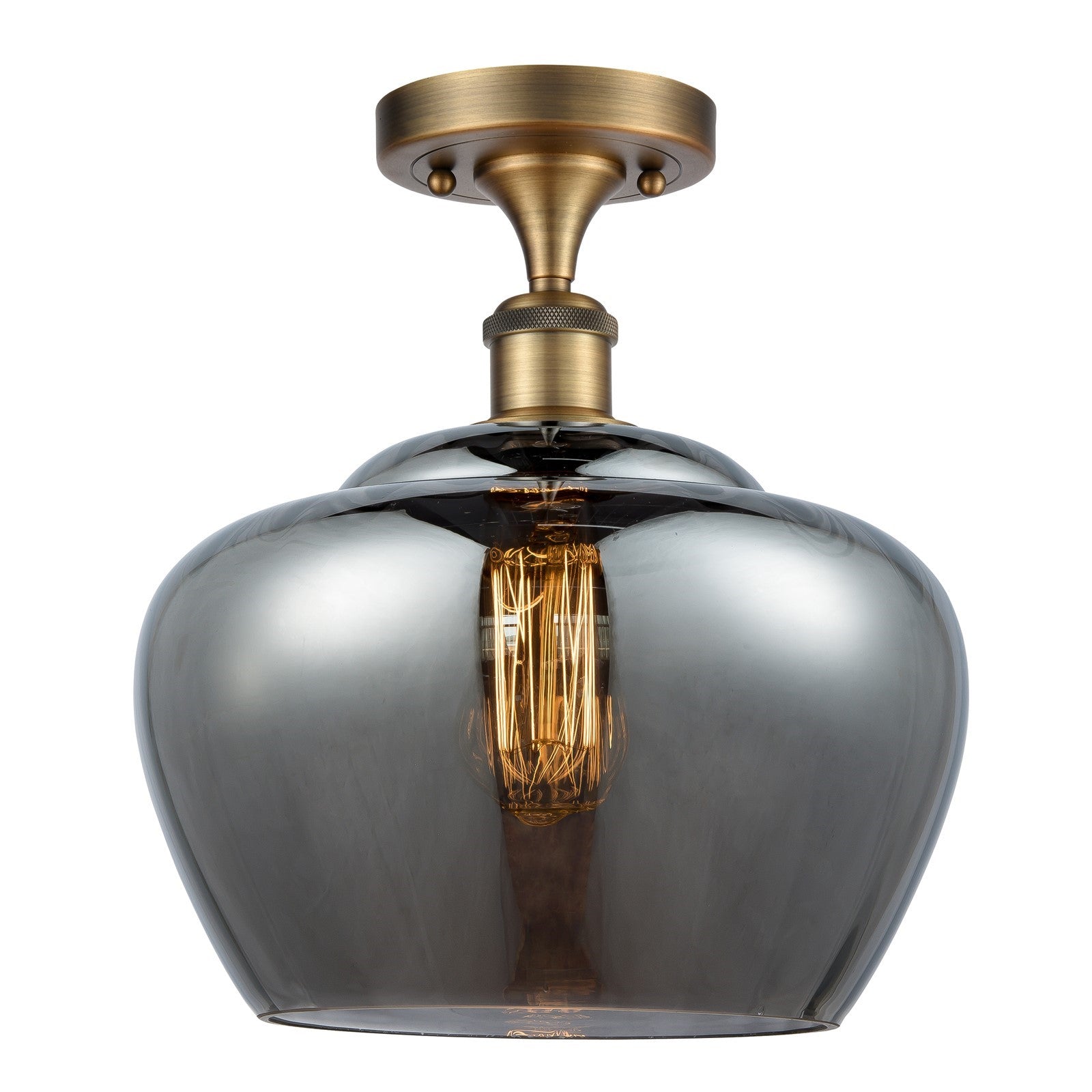 Innovations Fenton 11in 1-Light Semi-Flush Mount | Industrial Brushed Brass Steel and Light Smoke Ribbed Glass | Entryway & | Model 616-1F-BB-G93-L