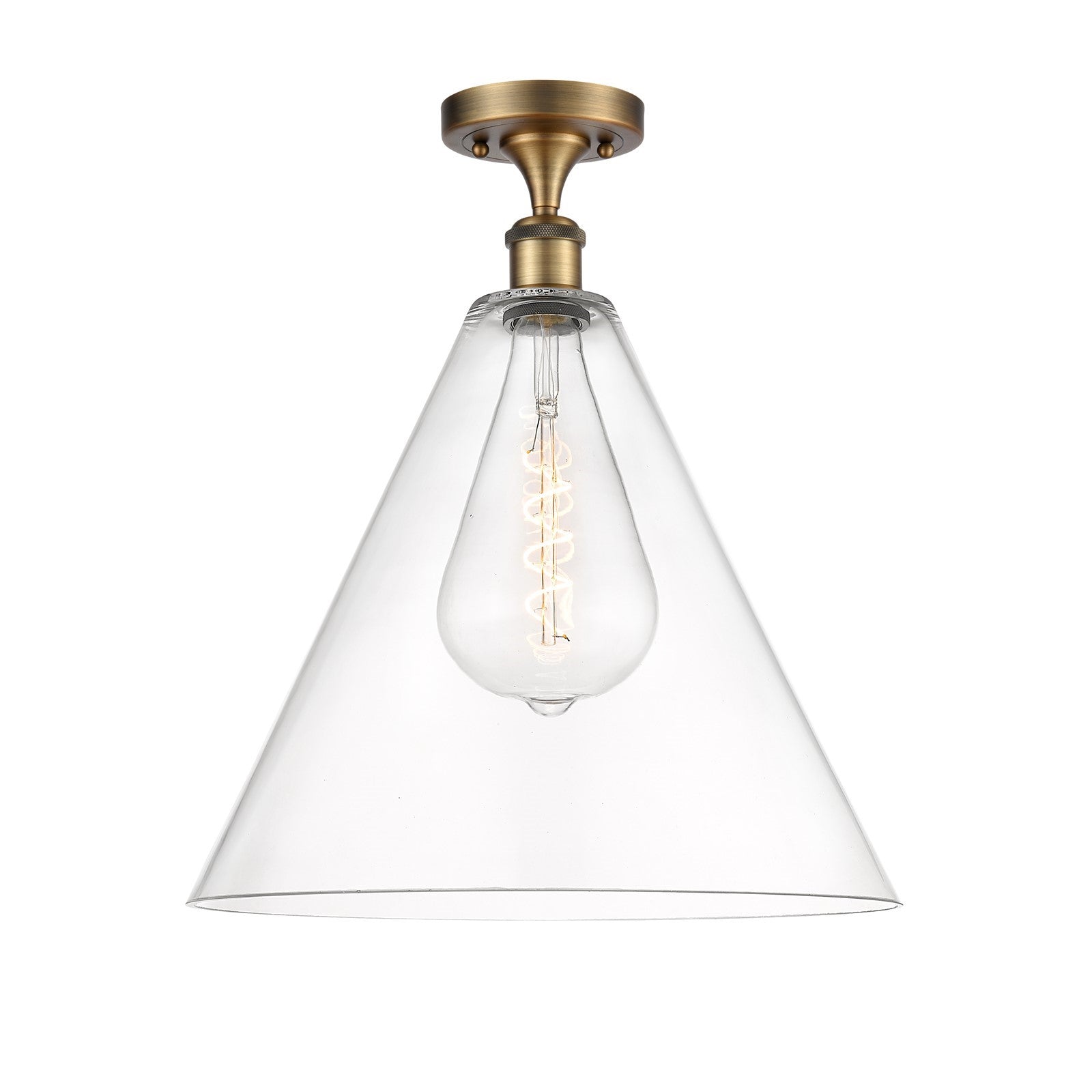 Innovations Berkshire Glass 16in 1-Light Semi-Flush Mount | Industrial Brushed Brass Steel and Clear Cone Glass | Entryway & | Model 616-1F-BB-GBC-162