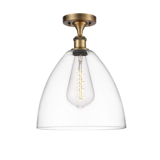 Innovations Bristol 12in 1-Light Semi-Flush Mount | Industrial Brushed Brass Steel and Clear Glass Dome Shade | Damp Location | Model 616-1F-BB-GBD-122