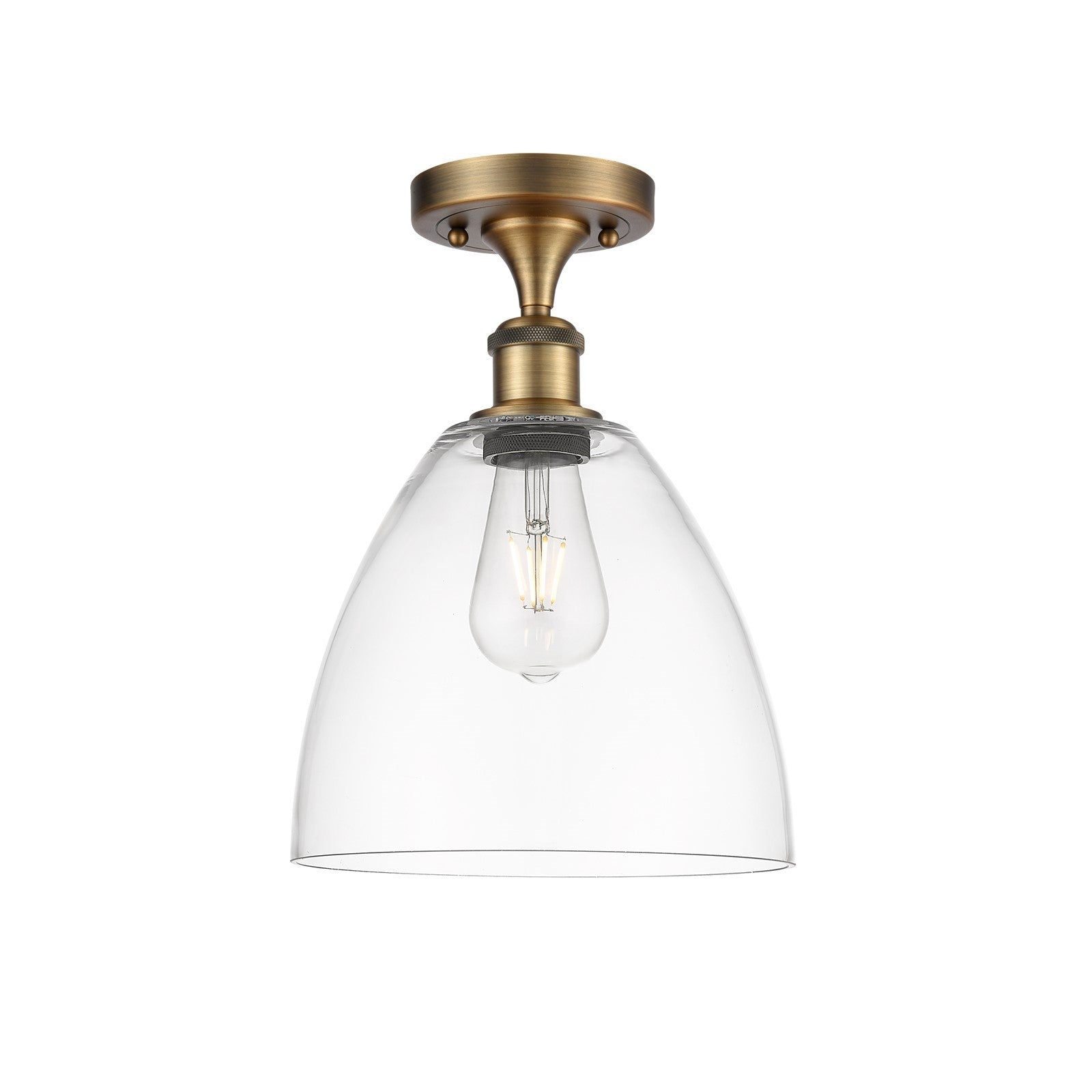 Innovations Bristol 9in 1-Light Semi-Flush Mount | Industrial Brushed Brass Steel and Clear Glass Dome Shade | Hallway & Bathroom | Model 616-1F-BB-GBD-92