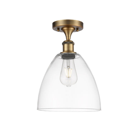 Innovations Bristol 9in 1-Light Semi-Flush Mount | Industrial Brushed Brass Steel and Clear Glass Dome Shade | Hallway & Bathroom | Model 616-1F-BB-GBD-92
