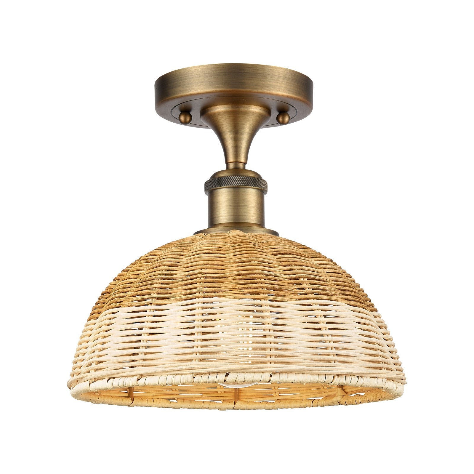 Innovations Bristol Natural II 9in 1-Light Semi-Flush Mount | Industrial Brushed Brass Steel and Natural Fiber Dome Shade | Model 616-1F-BB-NBD2-9-NAT