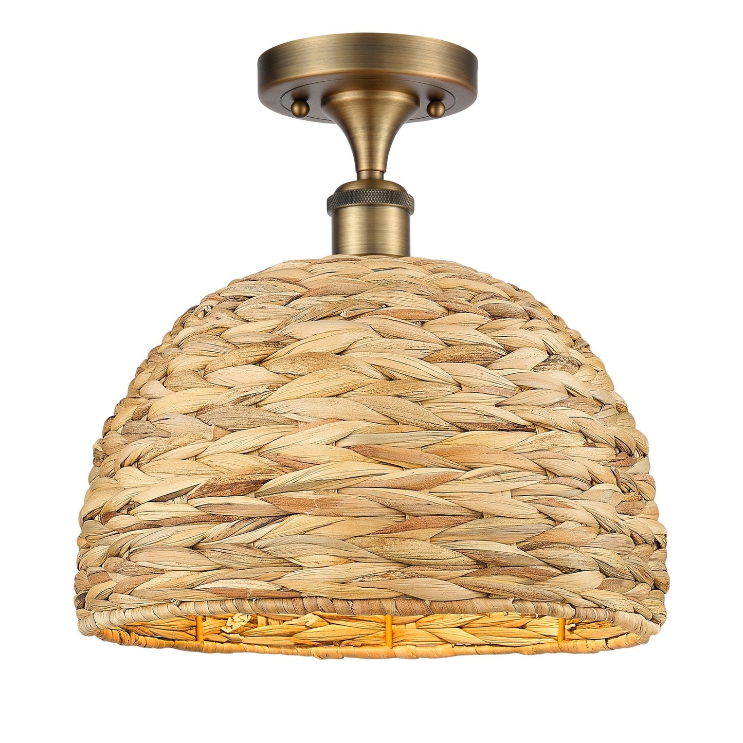 Innovations Woven Rattan 12in 1-Light Semi-Flush Mount | Industrial Brushed Brass Steel and Natural Rattan Dome Shade | Model 616-1F-BB-RBD-12-NAT